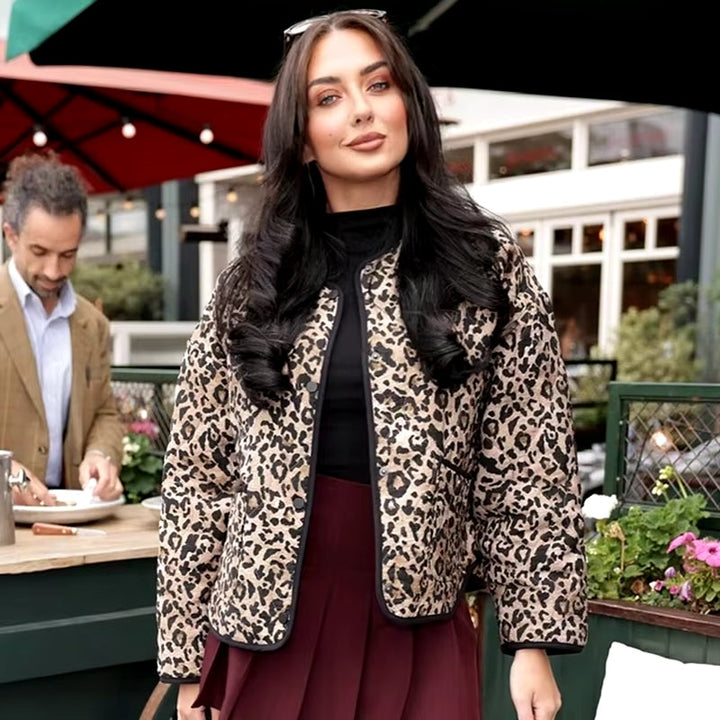 Women's leopard print quilted jacket Winona in Leopard – worn outdoors