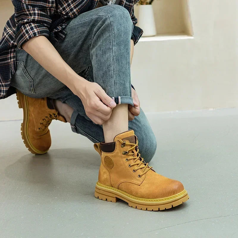 Women's Leather Worker Boots - Nora in Khaki – on-foot view