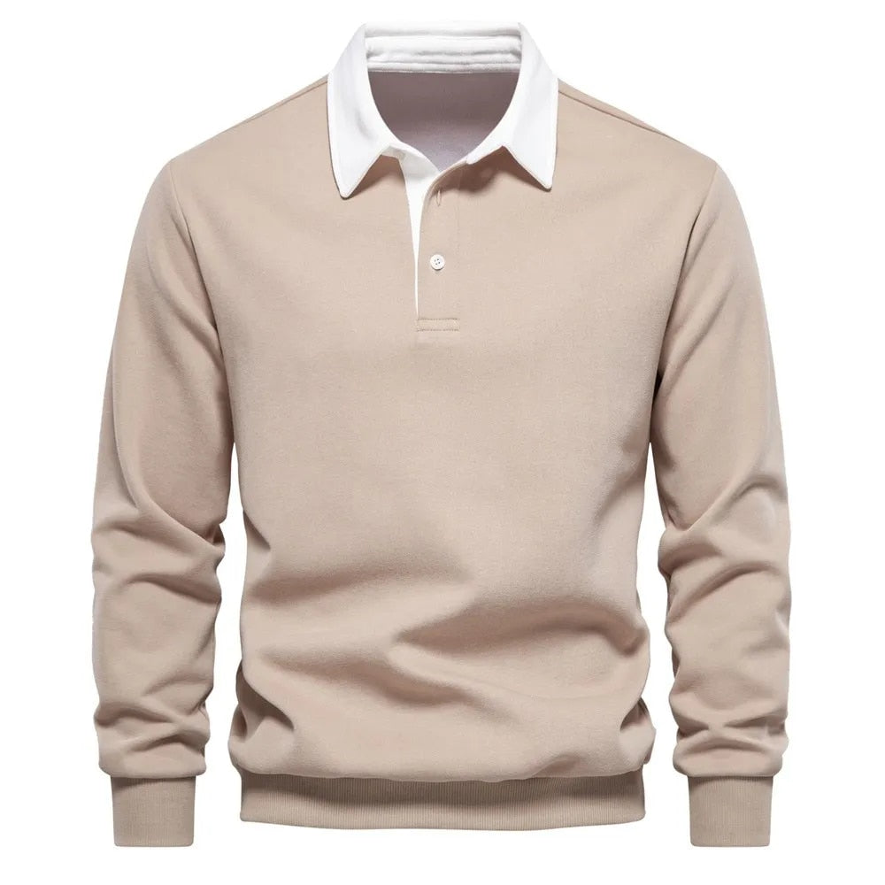 Men's contrast collar polo jumper Thomas in Beige with white collar – front view