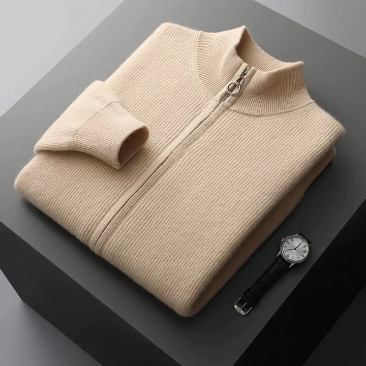 Men's beige ribbed knit zip through cardigan – folded