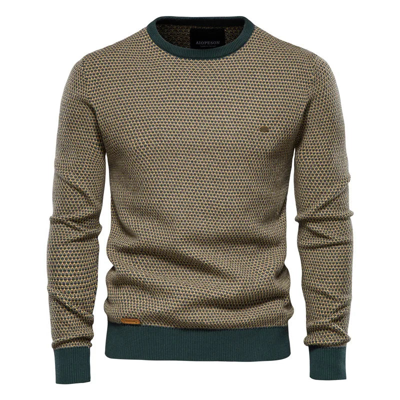 Men's textured crew neck jumper in olive and green – Lorien – front view