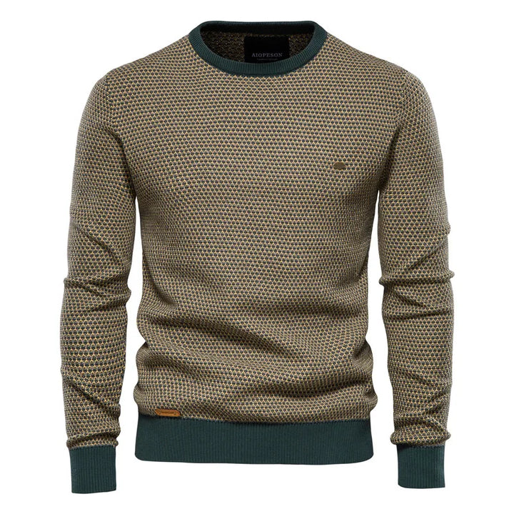Men's textured crew neck jumper in olive and green – Lorien – front view