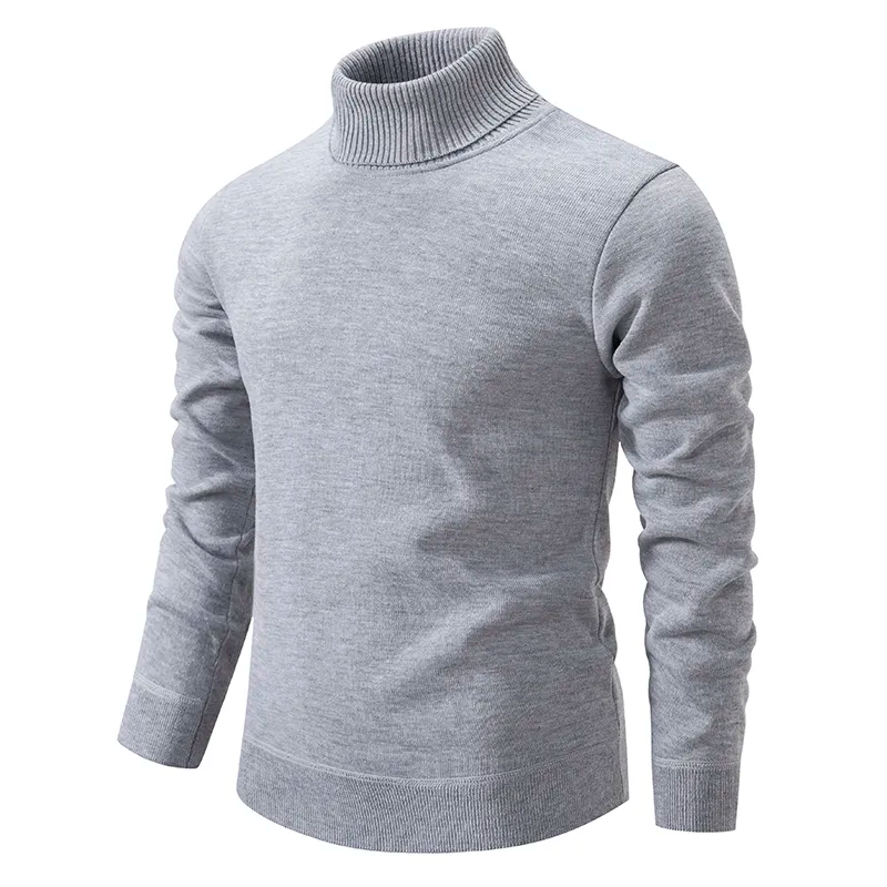 Men's grey fine knit roll neck jumper – front view