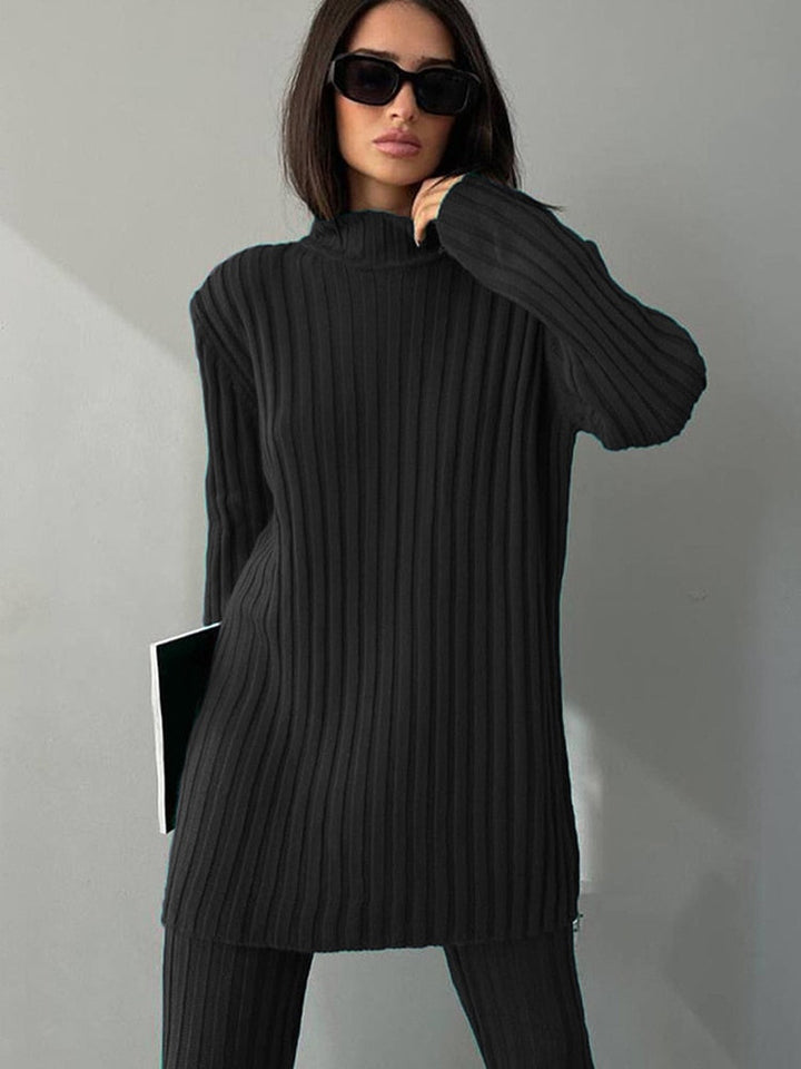 Women's Ribbed Turtleneck Jumper Flared Trousers Set