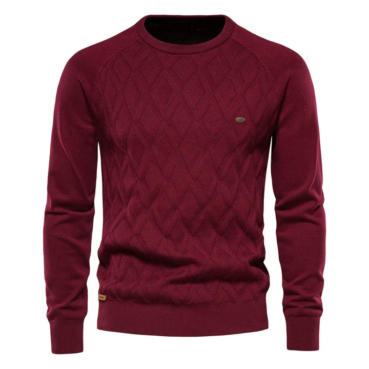 Men's diamond knit crew neck jumper in burgundy – Zarion – front view