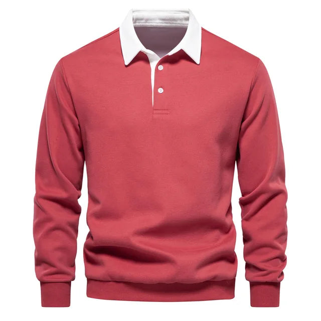 Men's contrast collar polo jumper Thomas in Red with white collar – front view