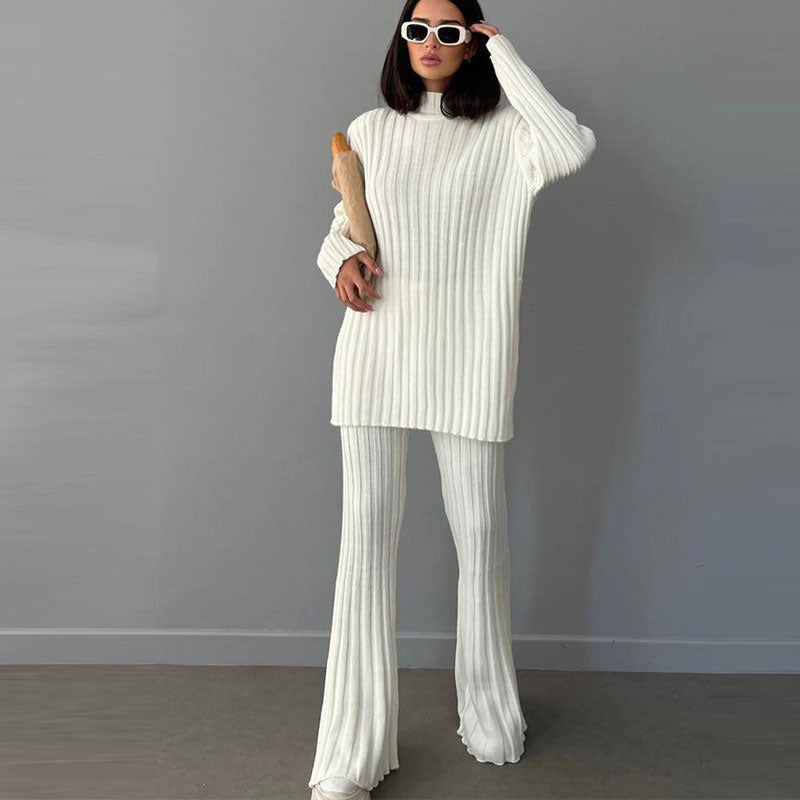 Women's Ribbed Turtleneck Jumper Flared Trousers Set