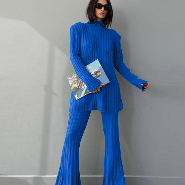 Women's Ribbed Turtleneck Jumper Flared Trousers Set