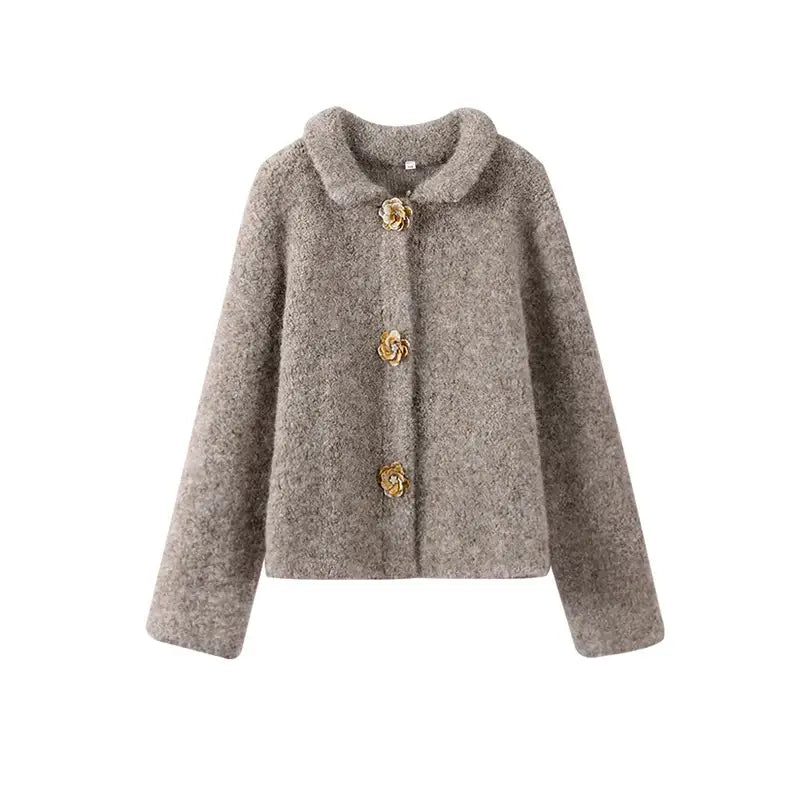 Women's fluffy cardigan Flossie in Beige – front flat lay