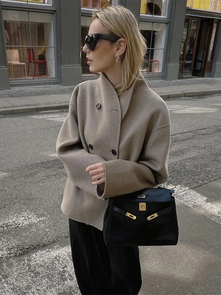 Women's short coat Yolande in Beige – street style front view