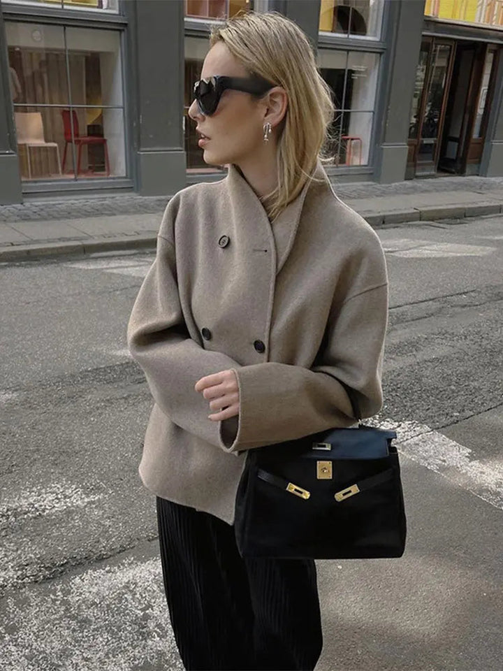 Women's short coat Yolande in Beige – street style front view