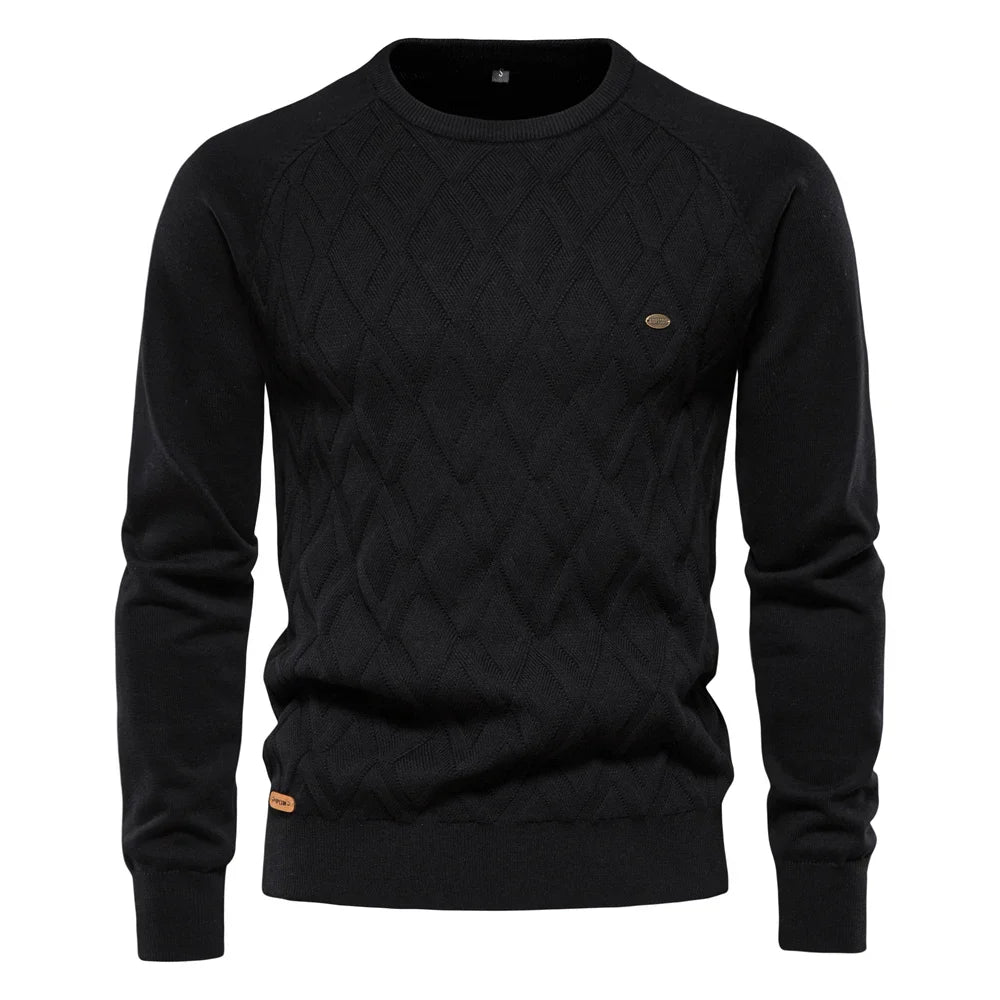 Men's diamond knit crew neck jumper in black – Zarion – front view
