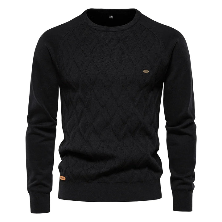 Men's diamond knit crew neck jumper in black – Zarion – front view