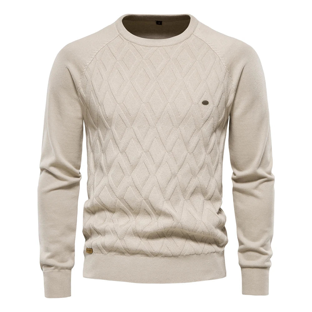 Men's diamond knit crew neck jumper in khaki – Zarion – front view