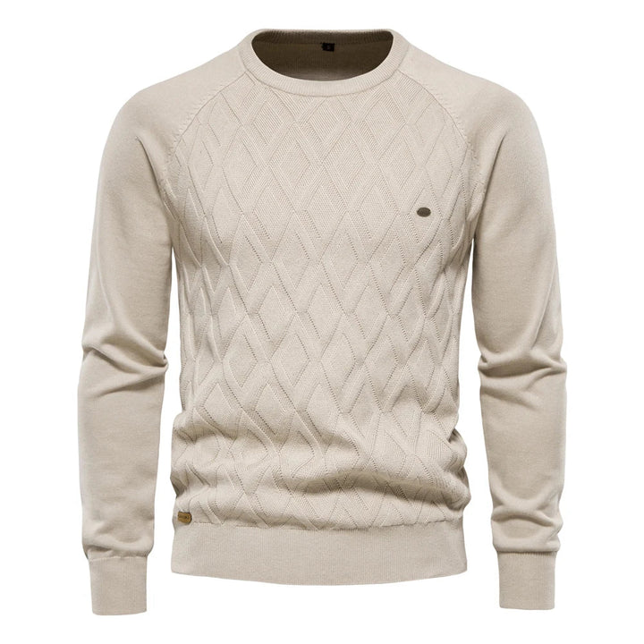 Men's diamond knit crew neck jumper in khaki – Zarion – front view