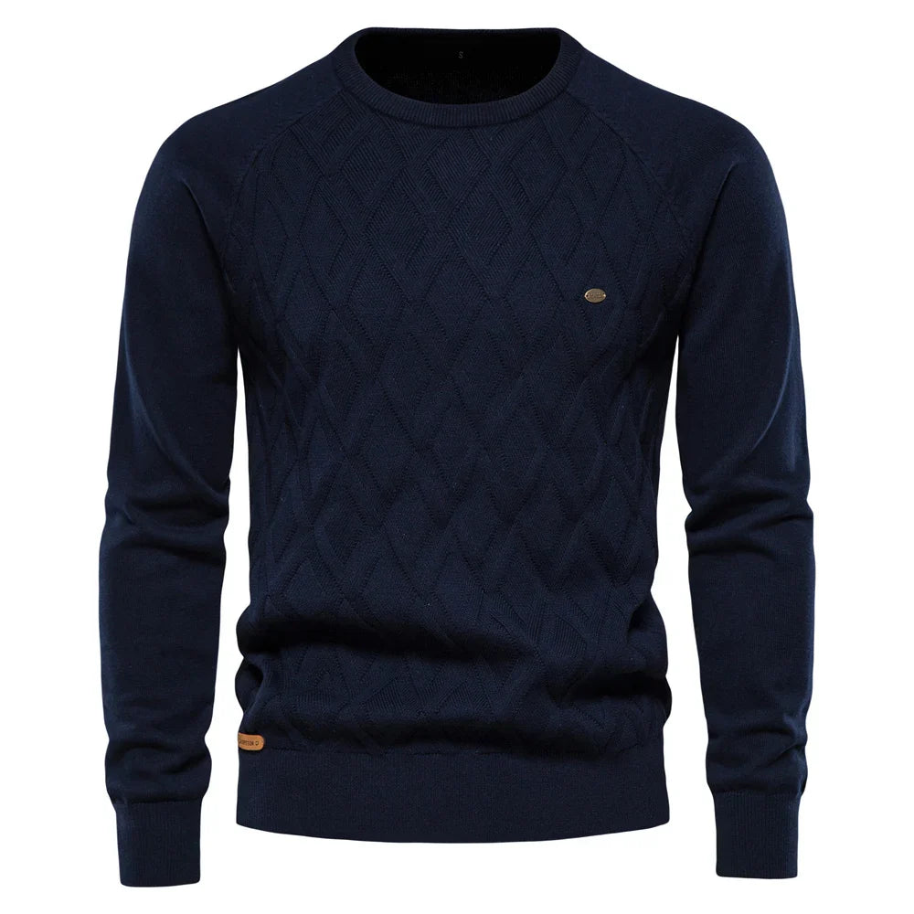 Men's diamond knit crew neck jumper in dark blue – Zarion – front view