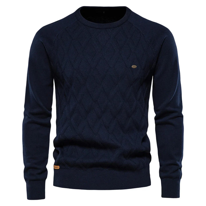 Men's diamond knit crew neck jumper in dark blue – Zarion – front view