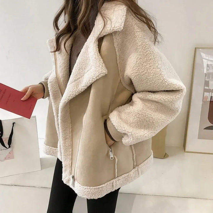 Women's Faux Shearling Aviator Jacket with Suede-Effect Panels – Alnwick – Beige – front view on model