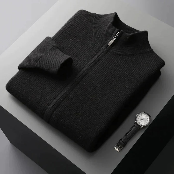 Men's black ribbed knit zip through cardigan – folded