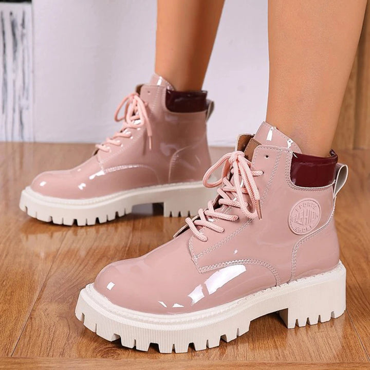 Women's Lace-Up Ankle Boots - Aria in Apricot – angled front view