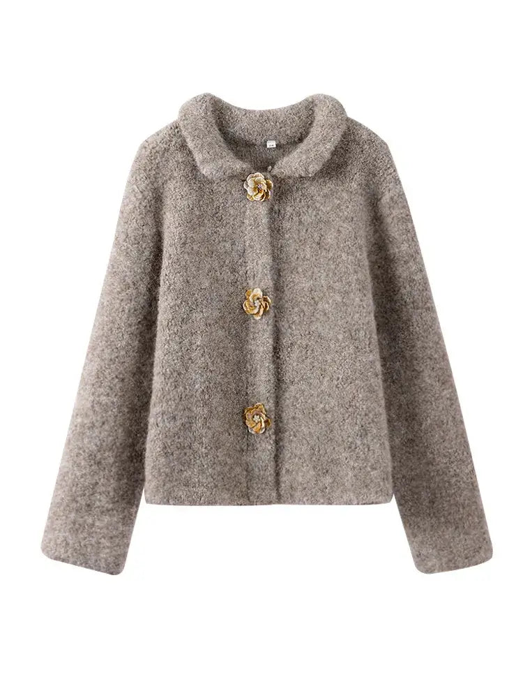 Women's fluffy cardigan Flossie in Beige – front view buttoned