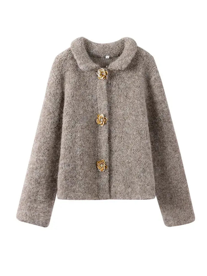 Women's fluffy cardigan Flossie in Beige – front view buttoned