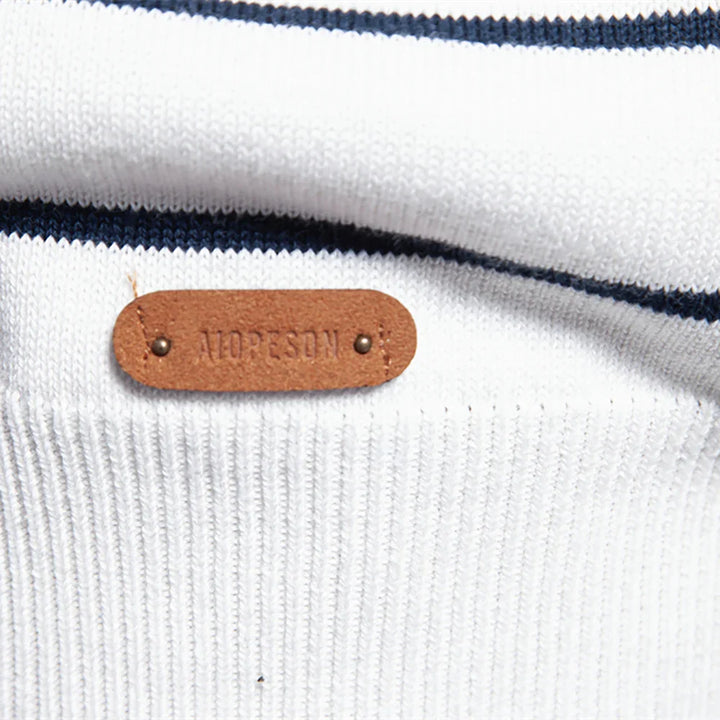Men's striped crew neck jumper in navy and white – Ashdown – ribbed hem detail