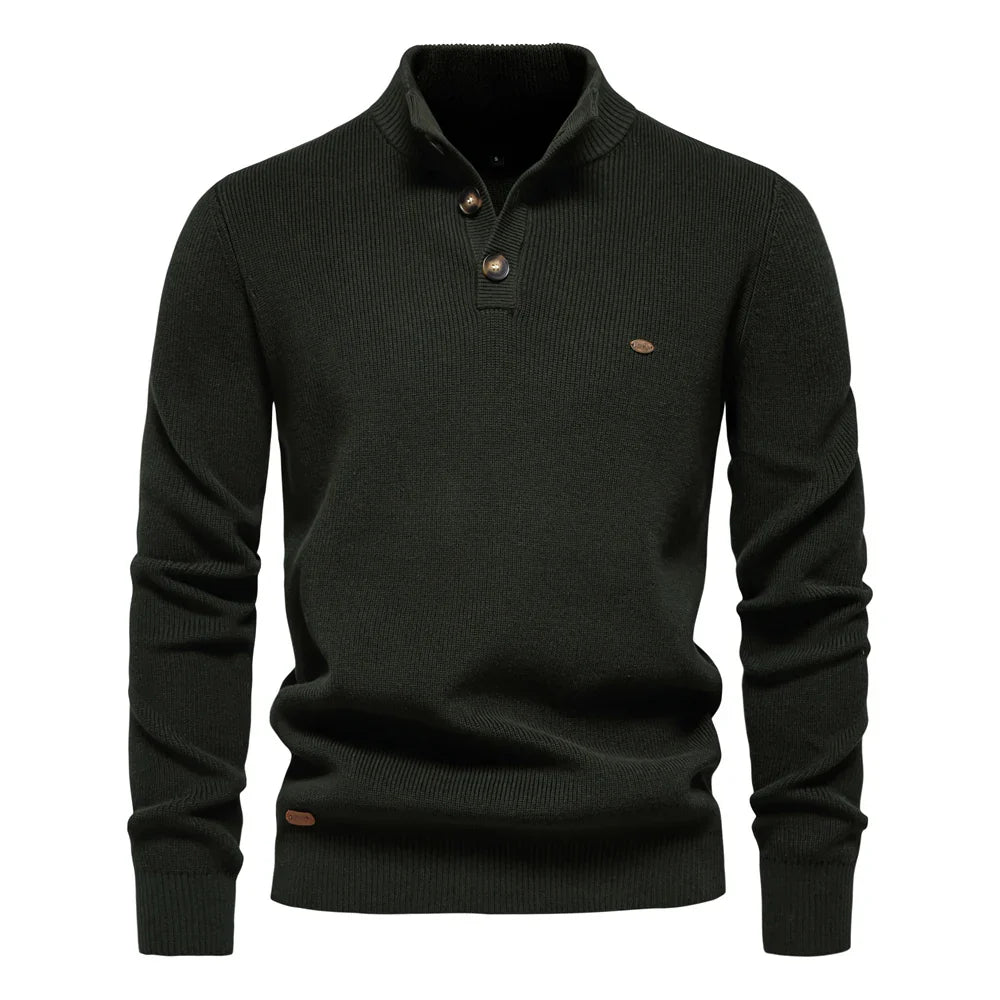 Men's ribbed button neck jumper in dark green – Ronan – front view