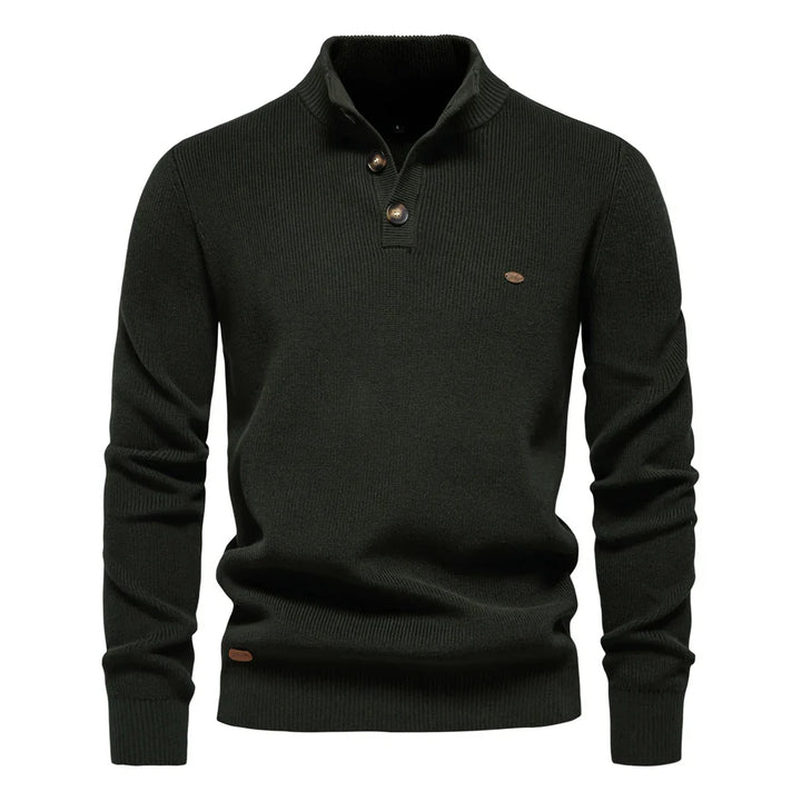 Men's ribbed button neck jumper in dark green – Ronan – front view