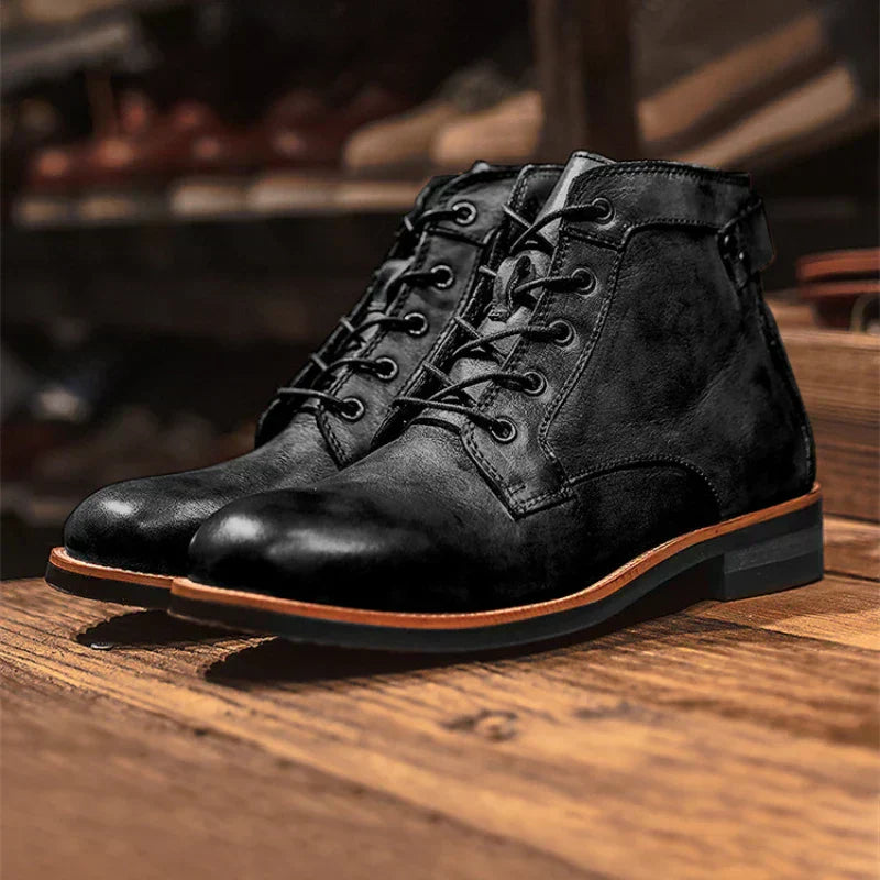 Men's lace-up ankle boots Serge in Black – pair on wooden floor