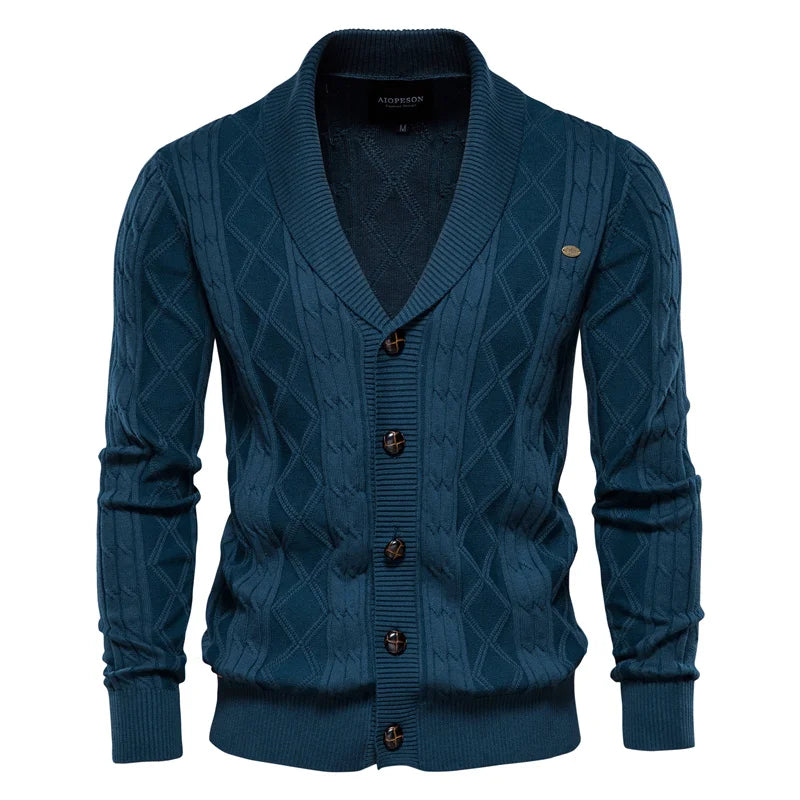 Men's shawl collar knit cardigan Ivor in Blue – front view