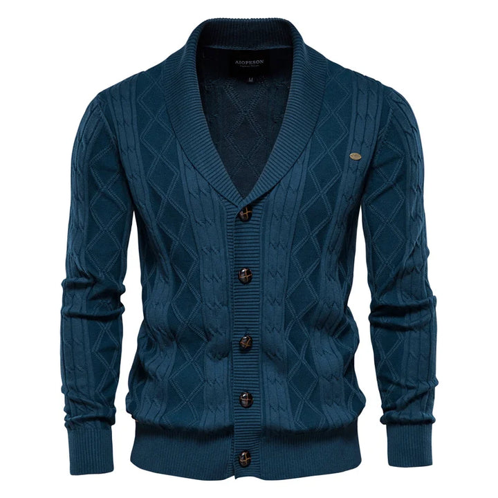 Men's shawl collar knit cardigan Ivor in Blue – front view