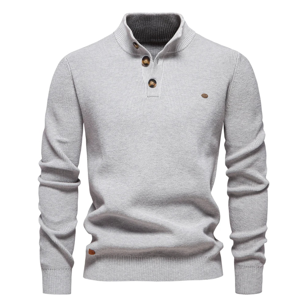 Men's ribbed button neck jumper in light grey – Ronan – front view
