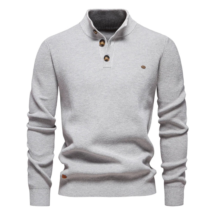 Men's ribbed button neck jumper in light grey – Ronan – front view