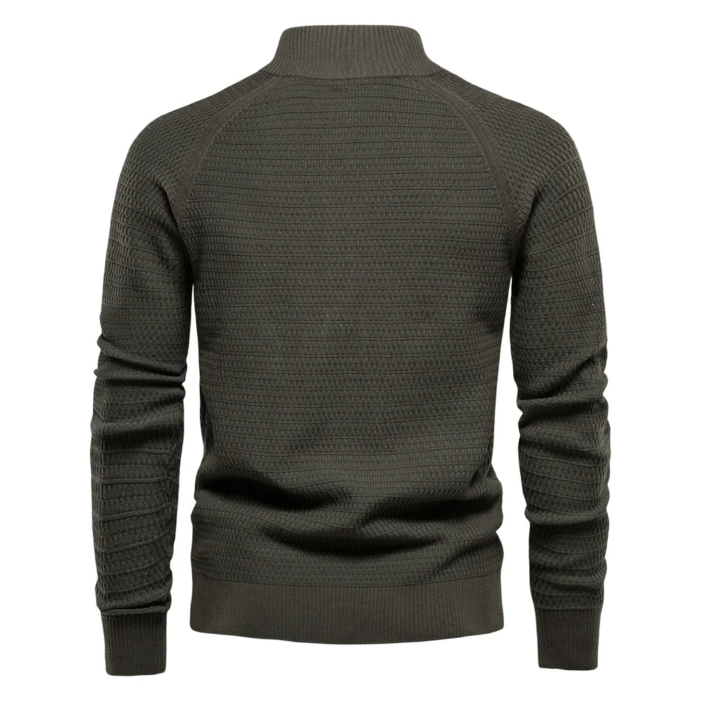 Men's stand collar button cardigan Selby in Green – back view