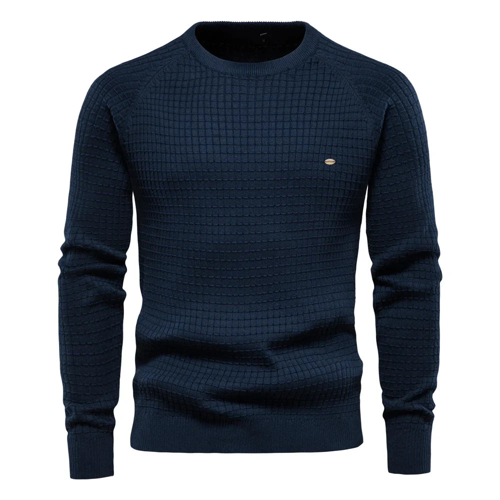 Men's grid waffle knit crew neck jumper in dark blue – Selwyn – front view