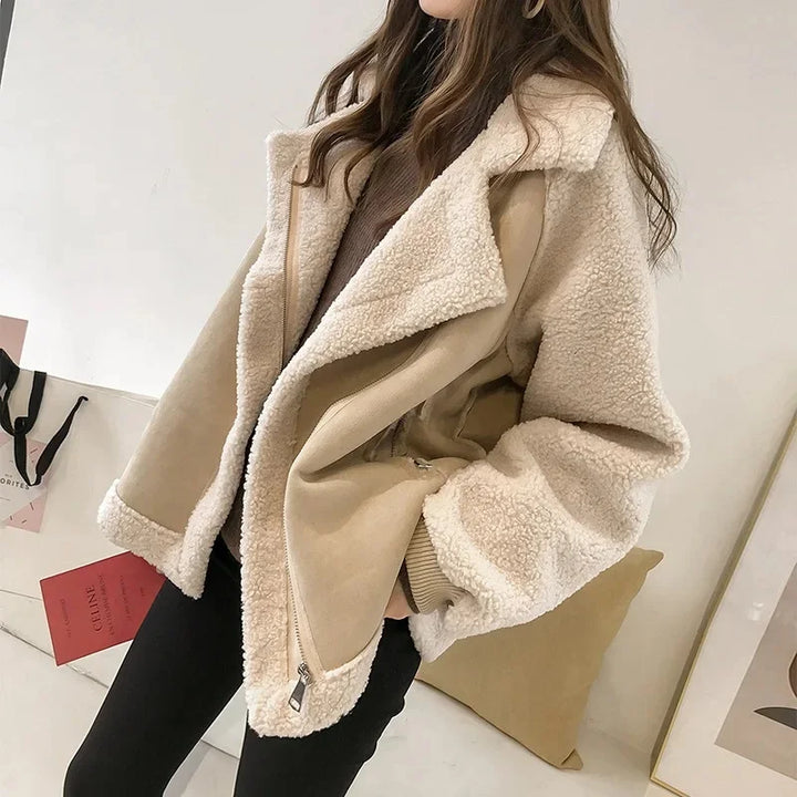 Women's Faux Shearling Aviator Jacket with Suede-Effect Panels – Alnwick – Beige – side view on model