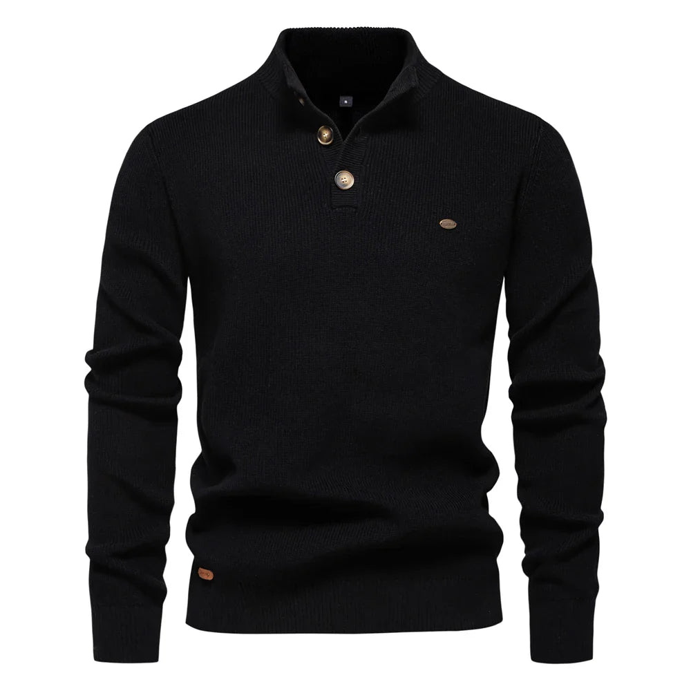 Men's ribbed button neck jumper in black – Ronan – front view