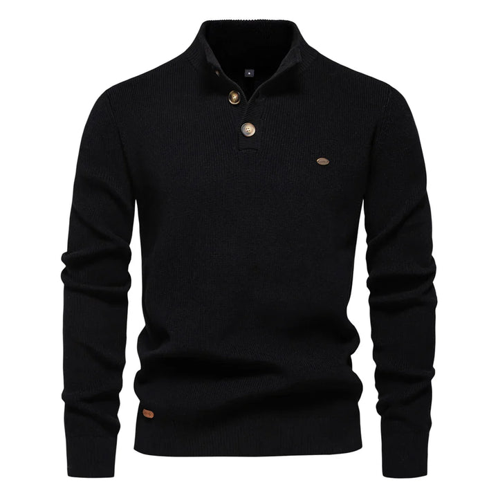 Men's ribbed button neck jumper in black – Ronan – front view
