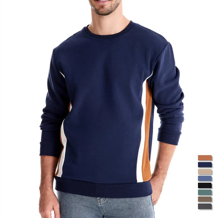 Men's colour block crew neck sweatshirt in dark blue – Talon – worn by model with colour swatches