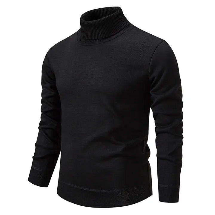 Men's black fine knit roll neck jumper – front view