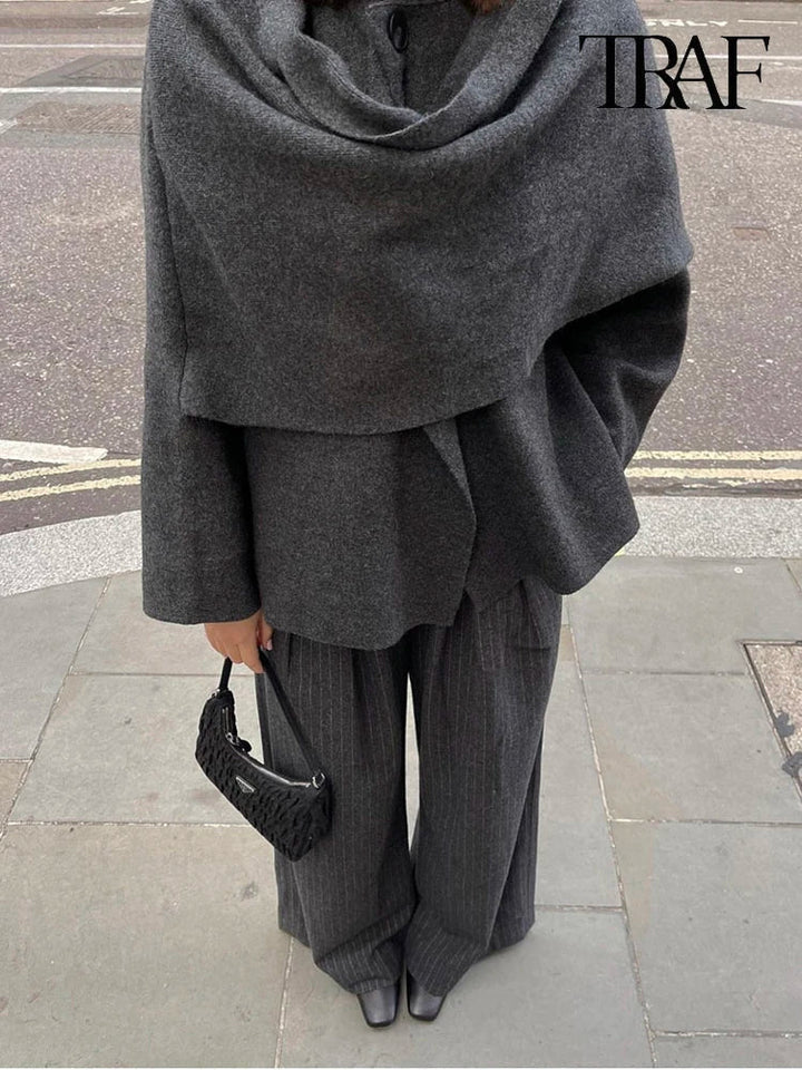 Women's scarf jacket Tansy in Grey – scarf drape close-up
