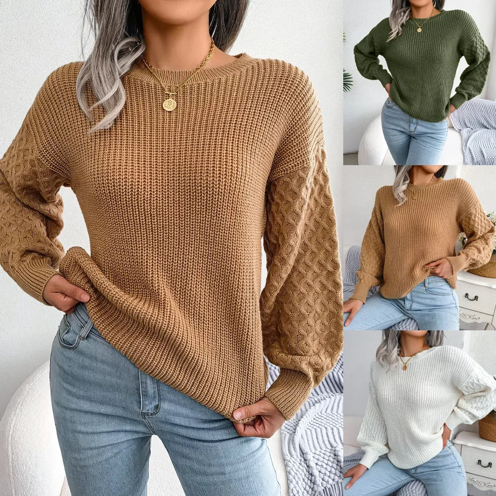 Perdita - Women's relaxed crew neck jumper in Camel, White and Green – colour overview