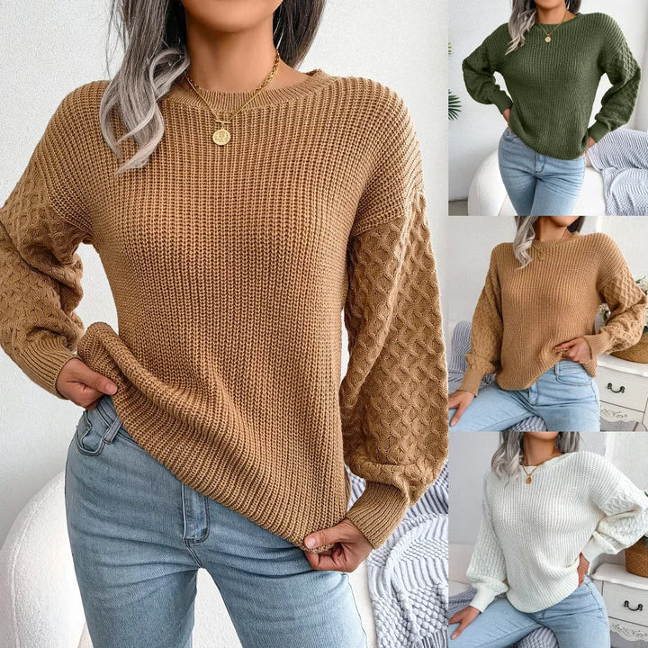 Perdita - Women's relaxed crew neck jumper in Camel, White and Green – colour overview