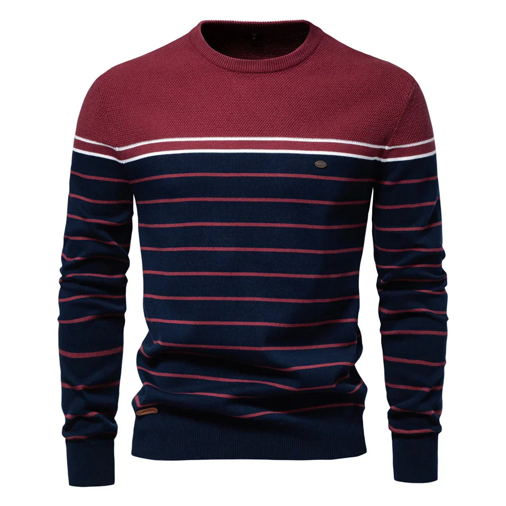 Men's striped crew neck jumper in burgundy and navy – Ashdown – front view