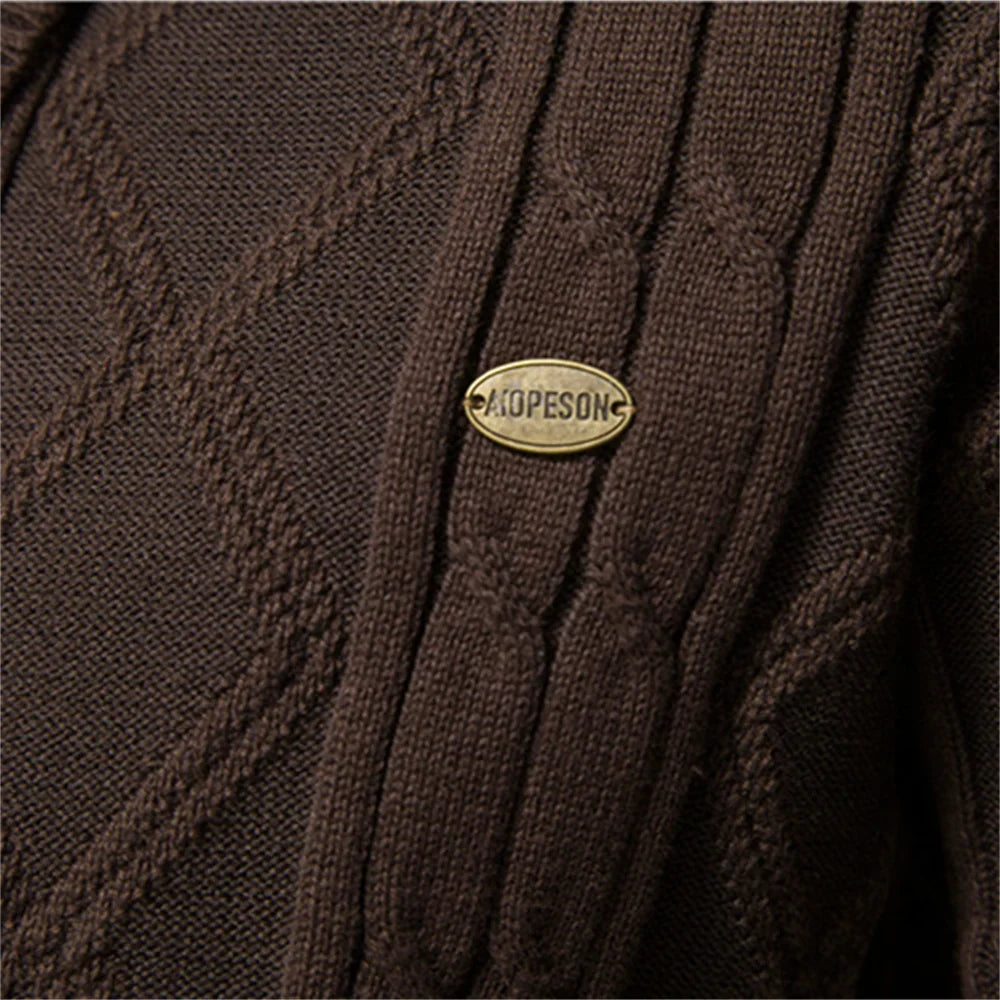 Men's shawl collar knit cardigan Ivor in Dark Brown – chest badge detail