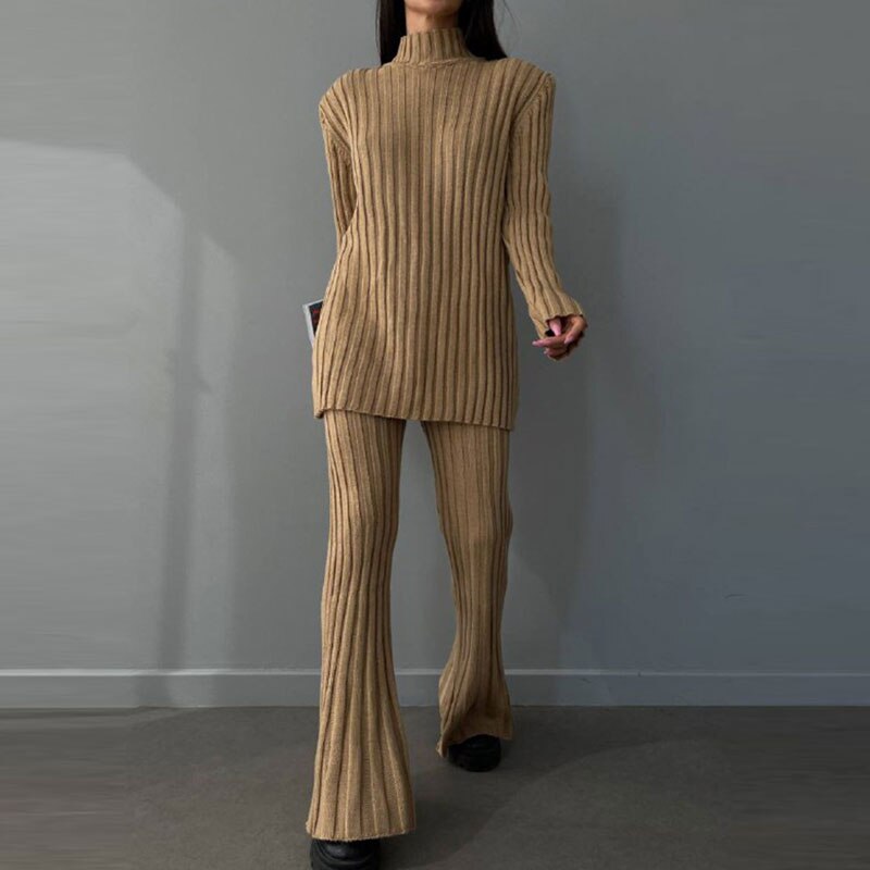 Women's Ribbed Turtleneck Jumper Flared Trousers Set