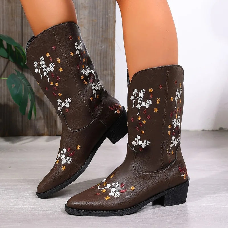 Women's Embroidered Pointed Mid-Calf Boots – Henrietta