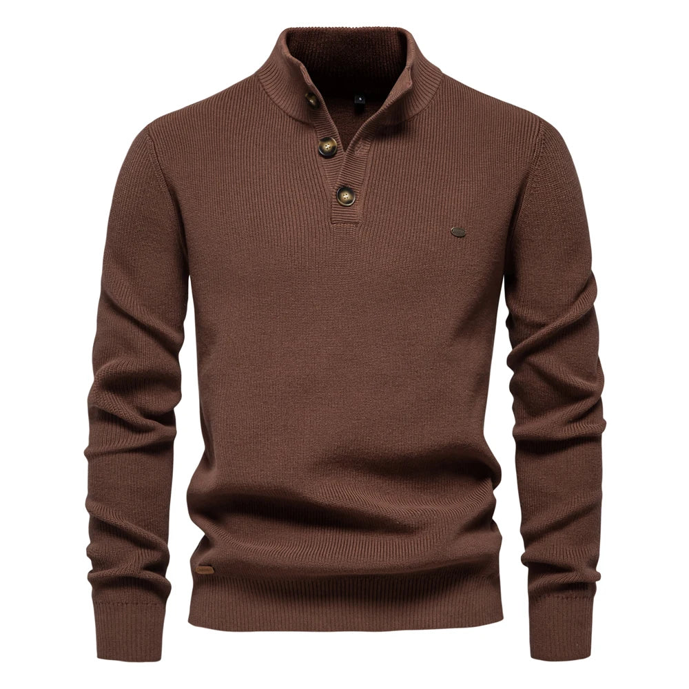 Men's ribbed button neck jumper in brown – Ronan – front view