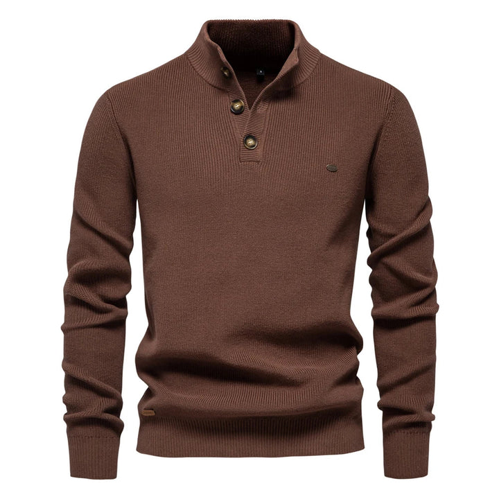 Men's ribbed button neck jumper in brown – Ronan – front view